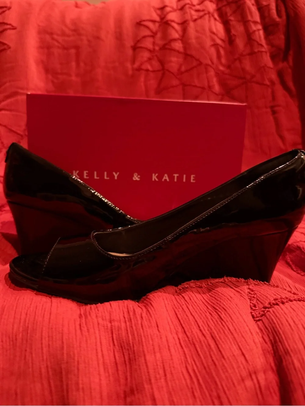 Kelly & Katie Black Patent Peep-Toe Wedge Pumps